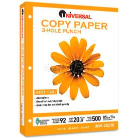 Universal® Copy Paper 92 Brightness 20lb 8-1/2 x 11 3-Hole Punch White 5000 Shts/Ctn UNV28230