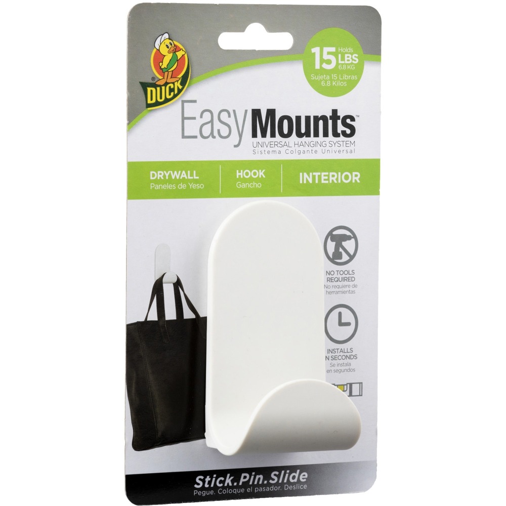 Duck Brand EasyMounts Interior Drywall J Hook - 15 lb (6.80 kg) Capacity - 1.8in Width - 3.5in Length - for Sports Equipment - White - Matte - 1 Each (Min Order Qty 6) MPN:287391