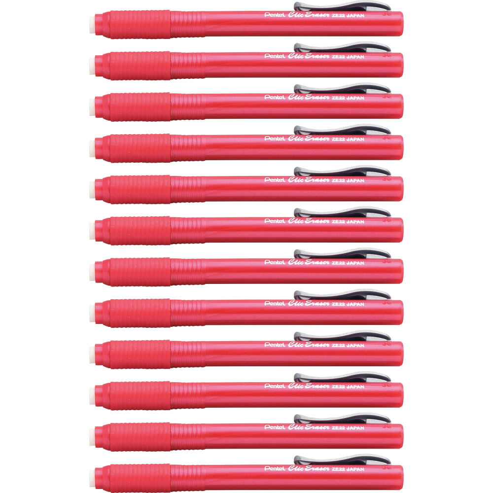 Pentel Rubber Grip Clic Eraser - Red - Pen - Refillable - 12 / Box - Retractable, Latex-free Grip, Pocket Clip, Ghost Resistant, Non-abrasive (Min Order Qty 3) MPN:ZE22BBX