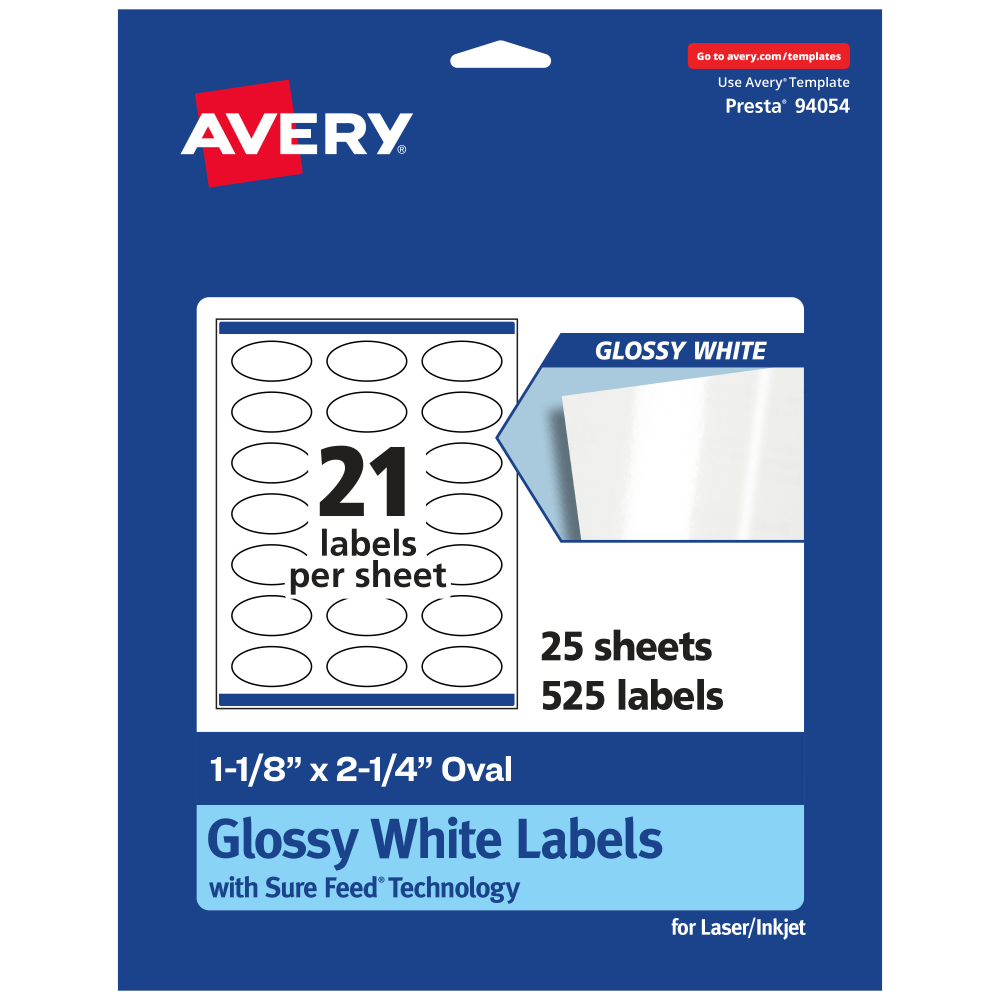 Avery Glossy Permanent Labels With Sure Feed, 94054-WGP25, Oval, 1-1/8in x 2-1/4in, White, Pack Of 525 (Min Order Qty 2) MPN:94054-WGP25