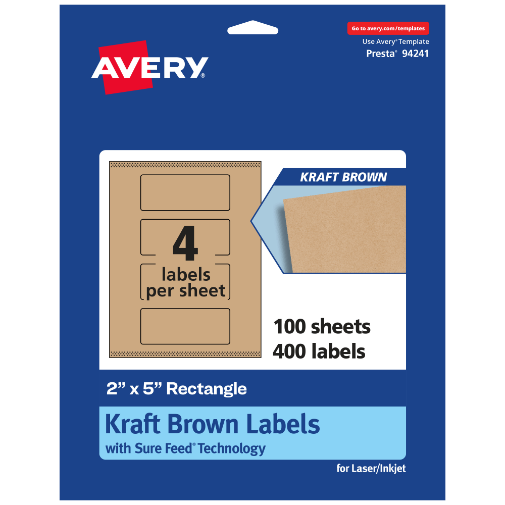 Avery Kraft Permanent Labels With Sure Feed, 94241-KMP100, Rectangle, 2in x 5in, Brown, Pack Of 400 MPN:94241-KMP100