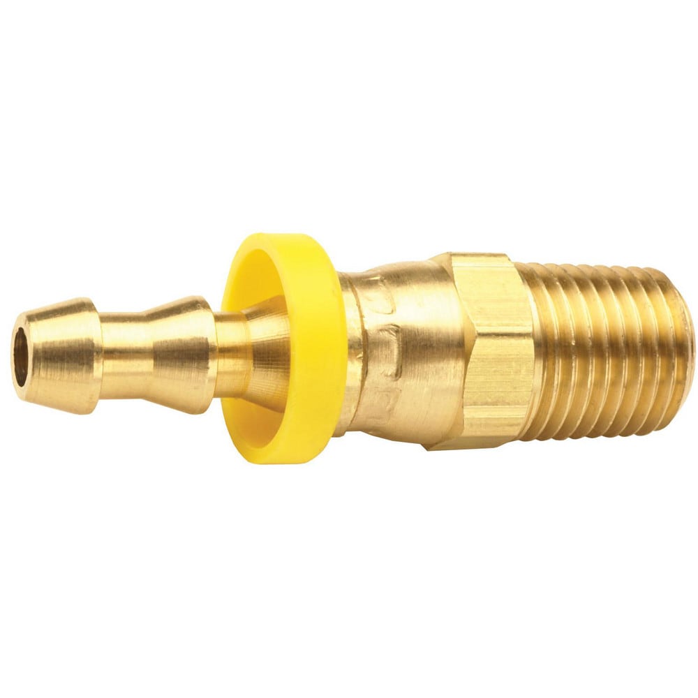 Barbed Push-On Hose Fittings, Fitting Type: Male Swivel , Inside Diameter (Inch): 1/2 , Material: Brass , Thread Standard: NPTF , Thread Size: 1/2-14  MPN:2710808C