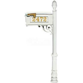 Lewiston Mailbox Post (Ornate Base & Pineapple Finial) with Vinyl Numbers Support Brace White LMCV-703-WHT