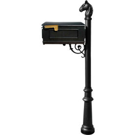 Lewiston Equine Mailbox No Address Plates w/Horsehead Finial & Decorative Fluted Base Black LM-801-LPST-BL