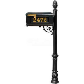 Lewiston Mailbox Post (Ornate Base & Pineapple Finial) with Vinyl Numbers Support Brace Black LMCV-703-BL