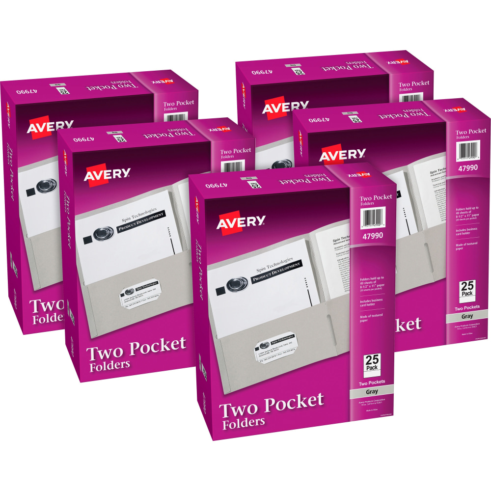 Avery Letter Pocket Folder - 8 1/2in x 11in - 40 Sheet Capacity - 2 Internal Pocket(s) - Embossed Paper - Gray - 125 / Carton MPN:47990CT