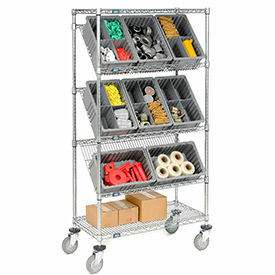 GoVets™ Easy Access Slant Shelf Chrome Wire Cart 8 Gray Grid Containers 36Lx18Wx63H 422GY493