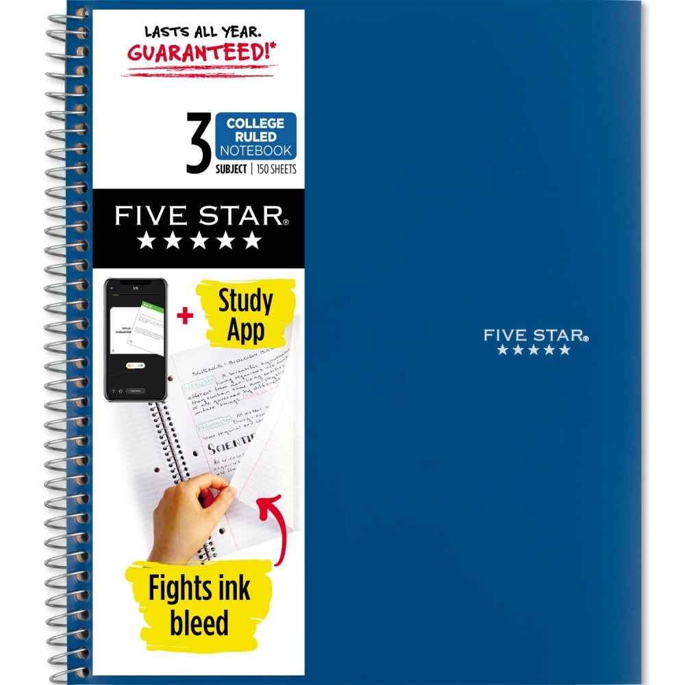 Five Star Wire-Bound Notebook, 8-1/2in x 11in, 3 Subject, College Ruled, 150 Sheets, Pacific Blue (Min Order Qty 6) MPN:820003NH0-ECM