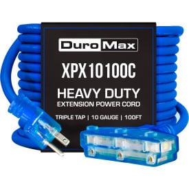 DuroMax Heavy Duty Triple Tap Extension Power Cord SJEOOW 10 Gauge 15A 120V 100'L Blue XPX10100C