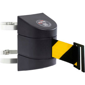 Warehouse Retractable Belt Barrier Clamp Mount Black Case W/25' Black/Yellow Belt C-WP450B-YB250-BESCLIP