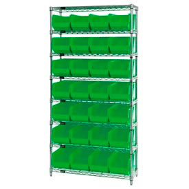 GoVets™ Chrome Wire Shelving w/ 28 Stacking Green Bins 36