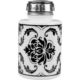 Menda 35588 Round White Glass Liquid Dispenser with One-Touch Pump Black Damask Printed 6 oz. 35588