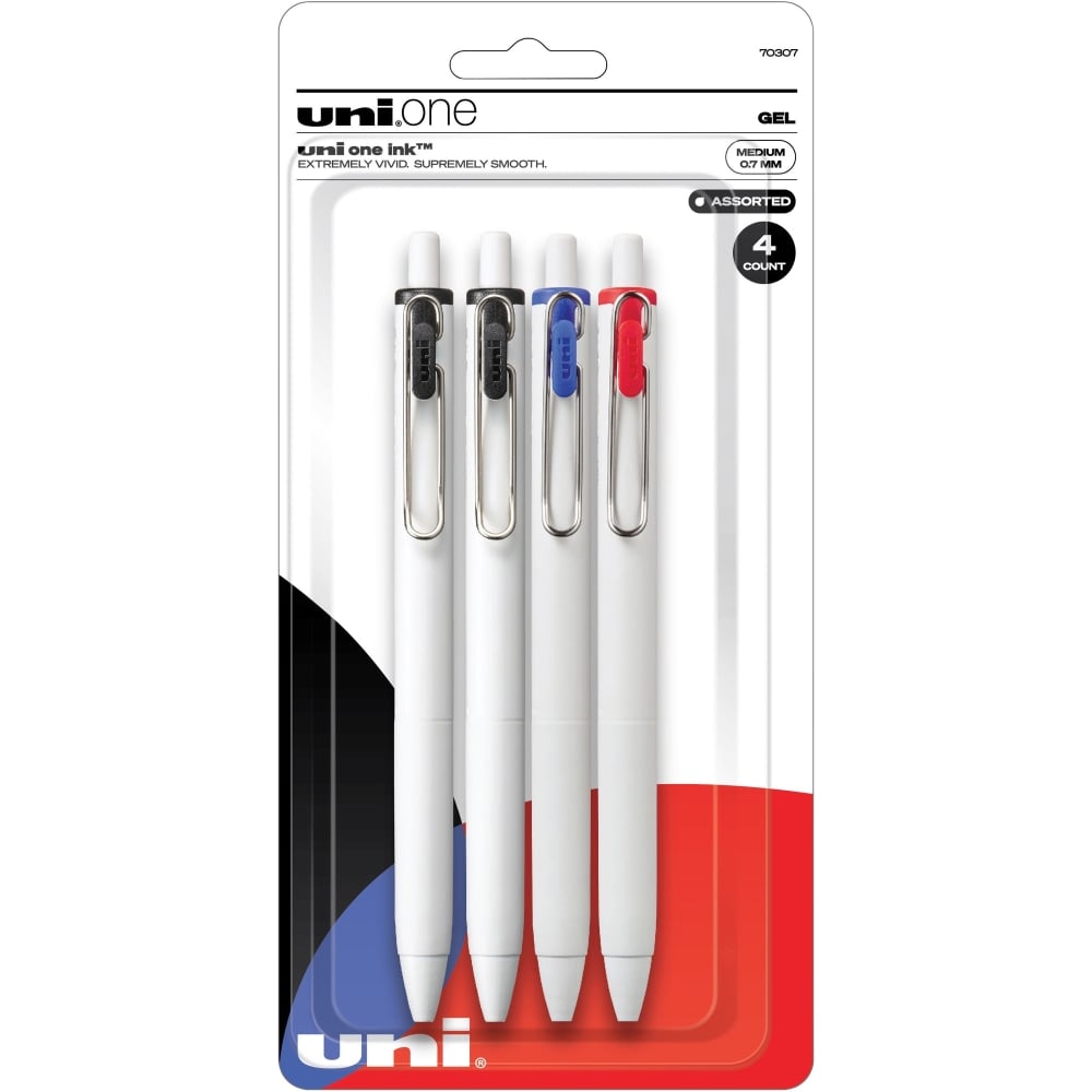 uni ONE Gel Pens, Pack Of 4, Medium Point, 0.7 mm, Assorted Colors (Min Order Qty 9) MPN:70307