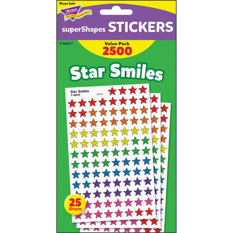 Trend Super Shapes Star Smiles Stickers - 2500 (Star) Shape - Self-adhesive - Acid-free, Non-toxic, Photo-safe - Assorted - 2500 / Pack (Min Order Qty 8) MPN:T-46917