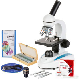 AmScope 40X-1000X Monocular Microscope 1.3MP Digital Camera 3-pc Tweezers 50-pc Slide Set VB-M149C-GLD