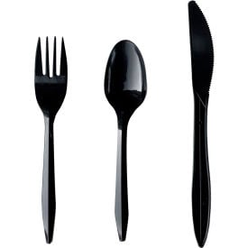 Boardwalk® Three-Piece Cutlery Kit Fork/Knife/Teaspoon Polypropylene Black 250/Carton BWK3KITBLPP