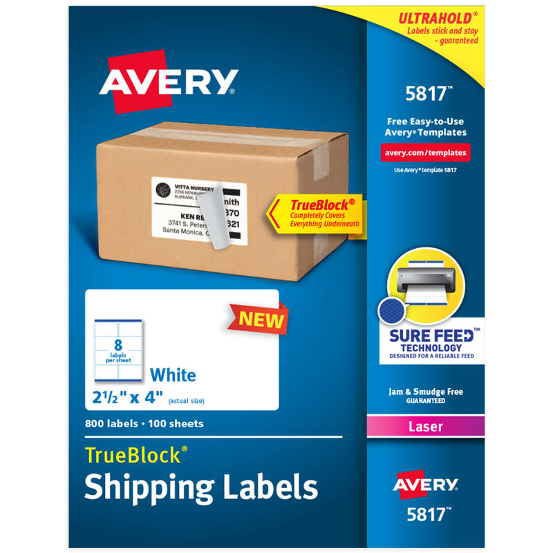 Avery TrueBlock Shipping Labels With Sure Feed Technology, 5817, Rectangle, 2.5in x 4in, White, Pack Of 800 (Min Order Qty 2) MPN:5817