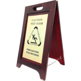 Wooden Bilingual Wet Floor Sign - Walnut Finish - Brass Plate - Pkg Qty 2 WWF-BR