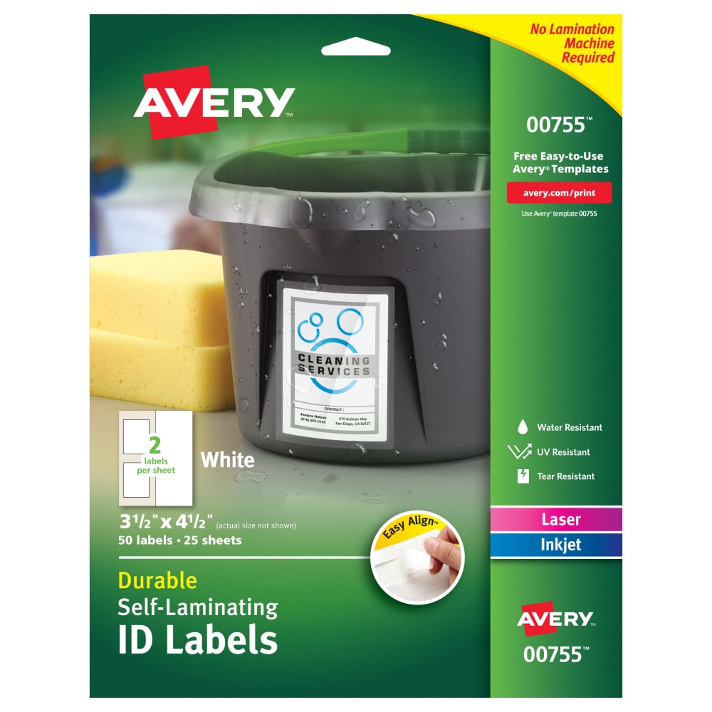 Avery Easy Align Self-Laminating ID Labels, 00755, Rectangle, 3-1/2in x 4-1/2in, White, Pack of 50 (Min Order Qty 2) MPN:00755