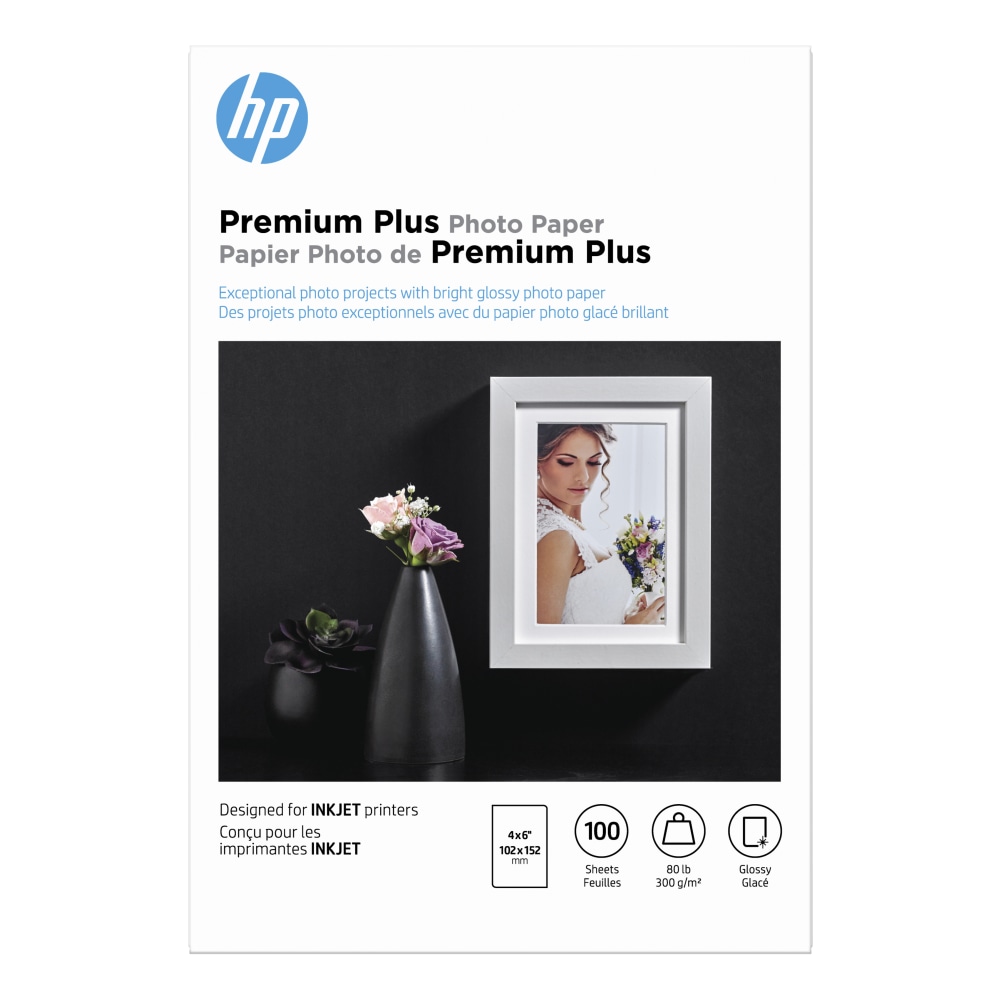 HP Premium Plus Photo Paper for Inkjet Printers, Glossy, 4in x 6in, 80 Lb., Pack Of 100 Sheets (CR668A) (Min Order Qty 3) MPN:CR668A