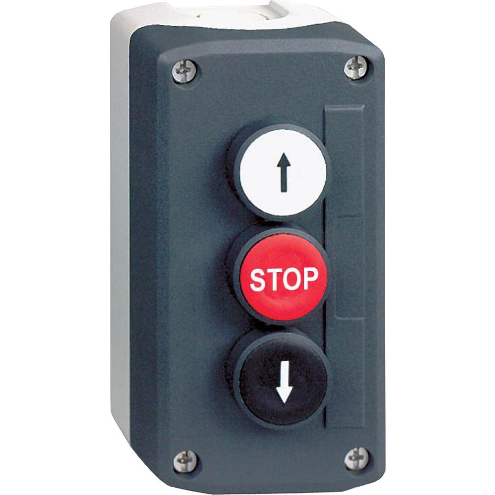 Pushbutton Control Stations, Control Station Type: Control Station , Number of Operators: 3 , Legend Markings: Up Arrow, Stop, Down Arrow  MPN:XALD326H7