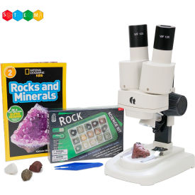 AmScope 20X-50X Kid's Deluxe Stereo Microscope with Rock Mineral Kit Dual-Illumination SE102LED-15A-NGRK-TW