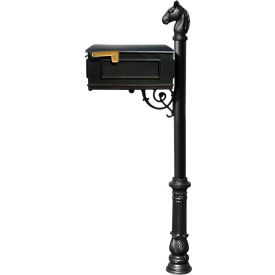 Lewiston Equine Mailbox No Address Plates w/Horsehead Finial & Decorative Ornate Base Black LM-701-LPST-BL