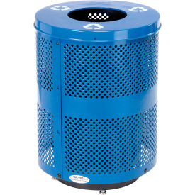 GoVets™ Outdoor Perforated Steel Recycling Can With Flat Lid & Base 36 Gallon Blue 925RBLD261