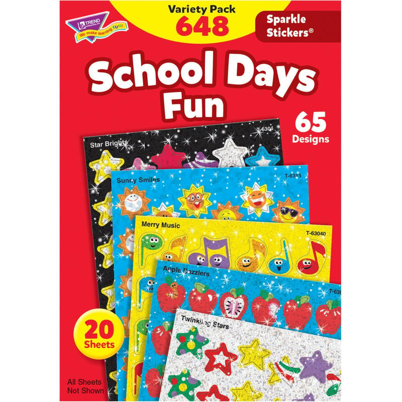 Trend Sparkle Stickers School Days Fun Stickers - Fun Theme/Subject (Apple Dazzlers, Twinkling Stars, Merry Music, Brilliant Birthday, Sunny Smile, Star Bright) Shape - Multicolor - 648 / Pack (Min Order Qty 5) MPN:63909