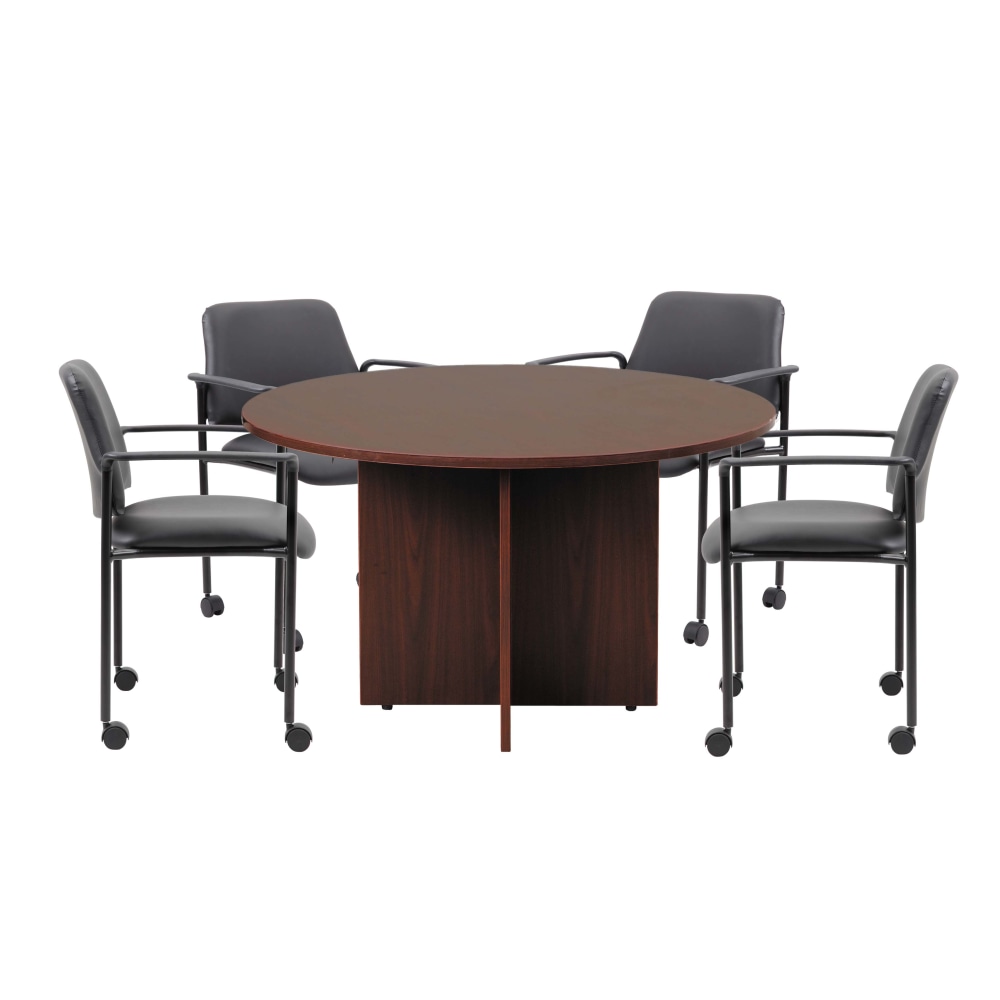 Boss Office Products Round Table And 4 Stackable Guest Chairs Set, 47in Diameter, Mahogany/Black MPN:GROUP123M-D