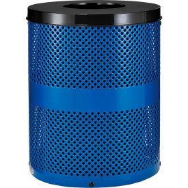 GoVets™ Outdoor Perforated Steel Trash Can With Flat Lid 36 Gallon Blue 925BL261