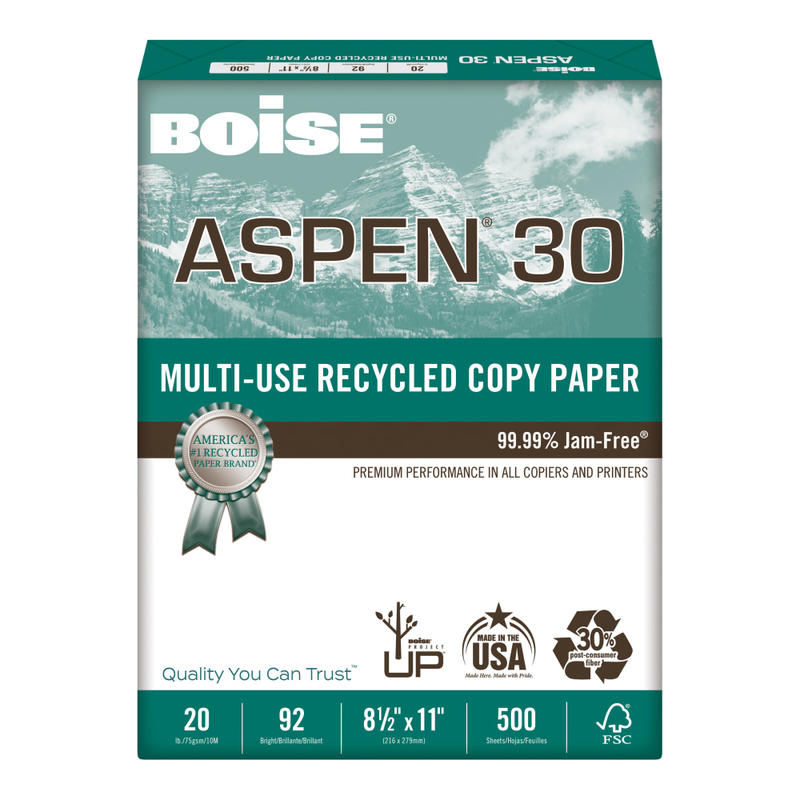 Boise ASPEN 30 Multi-Use Printer & Copy Paper, White, Letter (8.5in x 11in), 500 Sheets Per Ream, 20 Lb, 92 Brightness, 30% Recycled, FSC Certified (Min Order Qty 10) MPN:ASPEN 30 REAM