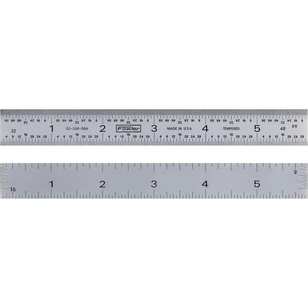 Steel Rules, Material: Steel , Length (Inch): 6 , Graduation (Inch): 1/64, 1/32, 1/16, 1/8 , Tip Style: Flat , Color: Silver  MPN:523300060