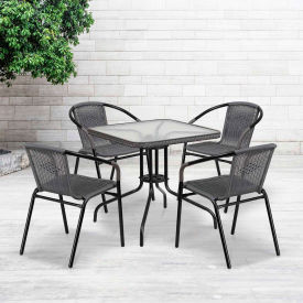 Flash Furniture® Square Glass Outdoor Dining Table Set w/ 4 Rattan Stack Chairs Gray -073SQ-037GY4-GGTLH