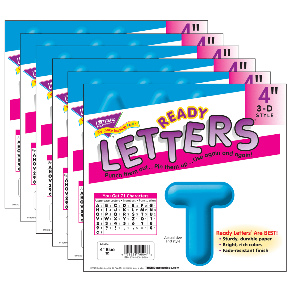 TREND Ready Letters, 4in, 3-D Uppercase, Blue, Set Of 6 Packs (Min Order Qty 2) MPN:T-79504-6