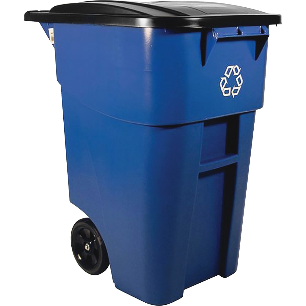 Rubbermaid Commercial Brute Recycling Rollout Container - Swing Lid - 50 gal Capacity - Rectangular - Mobility, Heavy Duty, Wheels, Lid Locked, Hinged, Durable, Easy to Clean - 36.5in Height x 23.4in Width - Resin - Blue - 2 / Carton MPN:9W2773BECT