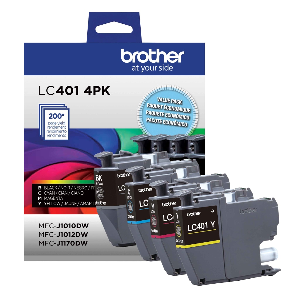 Brother LC401 Genuine Multi-Pack Ink, Black/Cyan/Magenta/Yellow, Pack Of 4 Cartridges, LC4014PKS (Min Order Qty 2) MPN:LC4014PKS