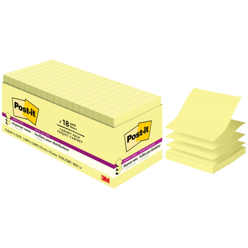 Post-it Super Sticky Dispenser Notes - Canary Yellow - 3in x 3in - Square - Canary Yellow - Paper - Pop-up, Recyclable, Adhesive - 18 / Pack (Min Order Qty 3) MPN:R33018SSCYCP