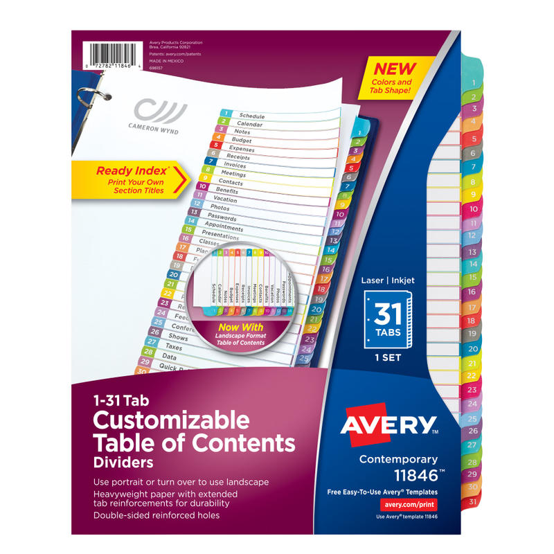 Avery Ready Index 1-31 Tab With Customizable Table Of Contents Binder Dividers, 8-1/2in x 11in, 31 Tab, White/Multicolor, 1 Set (Min Order Qty 9) MPN:11846