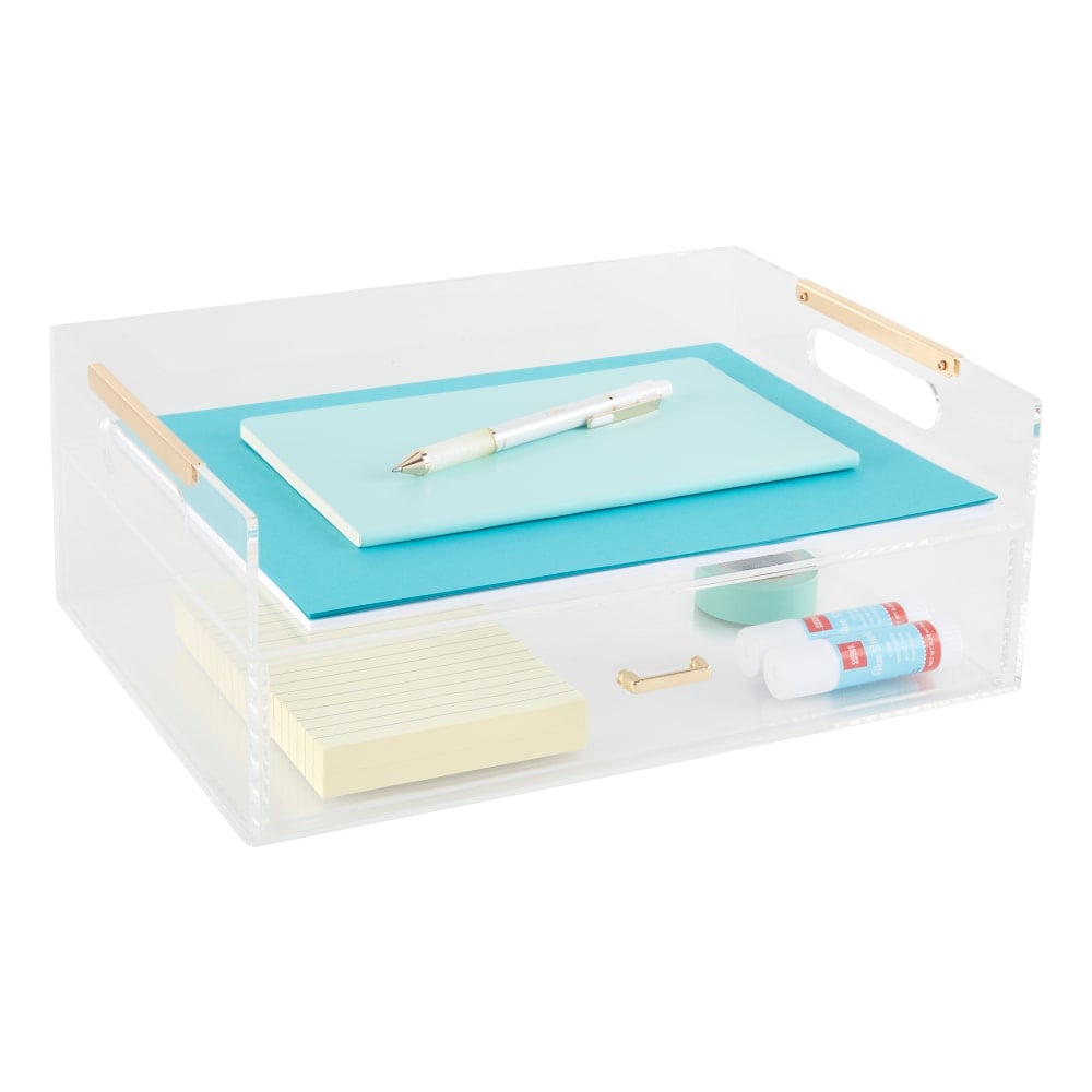 Realspace Vayla Acrylic Desktop Caddy With Letter Sorter, 4-7/8inH x 8-1/4inW x 5-7/8inD, Clear/Gold (Min Order Qty 2) MPN:ST15001