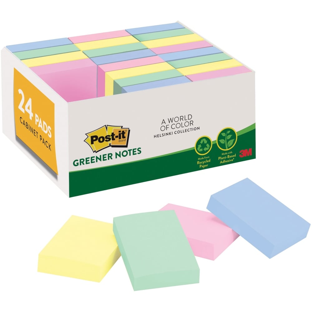 Post-it Greener Notes Value Pack - Beachside Cafe Color Collection - 1 1/2in x 2in - Rectangle - Positively Pink, Canary Yellow, Fresh Mint, Moonstone - Paper - Self-stick, Removable, Recyclable, Residue-free, Eco-friendly - 24 / Pack (Min Order Qty 4) MP