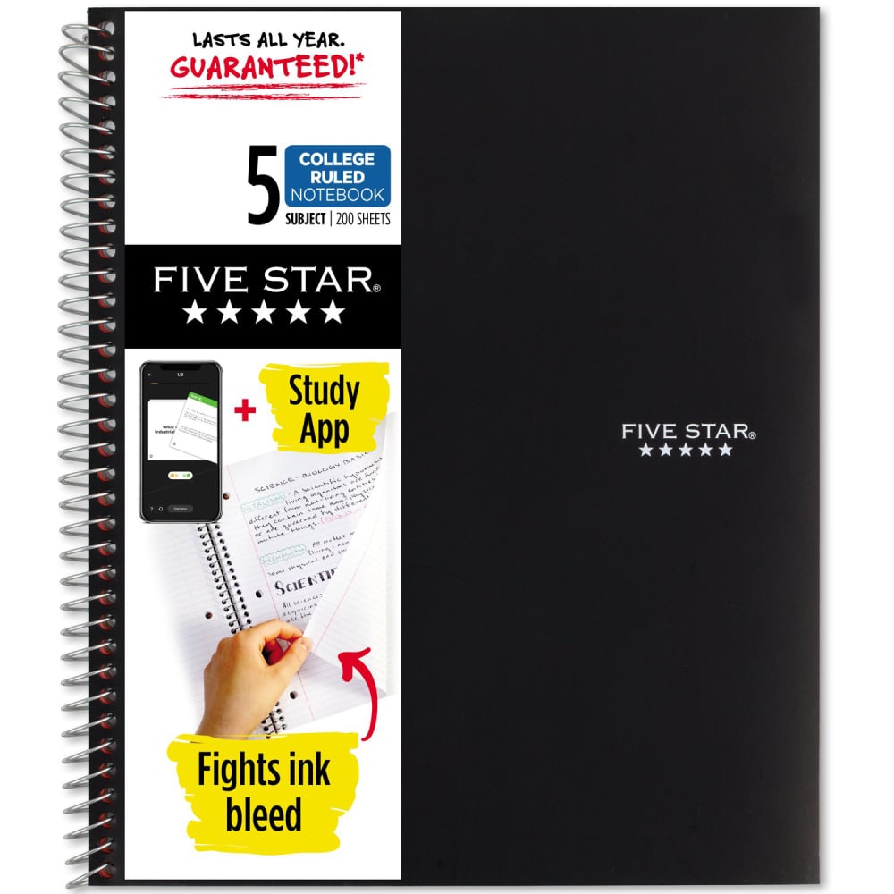 Five Star Wire-Bound Notebook, 8-1/2in x 11in, 5 Subject, College Ruled, 200 Sheets, Black (Min Order Qty 5) MPN:72081