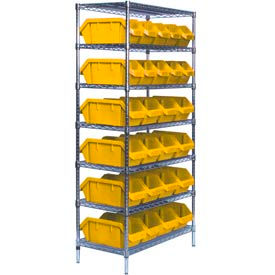 Quantum W7-12-26 Chrome Wire Shelving With 26 QuickPick Double Open Bins Yellow 18x36x74 W7-12-26YL