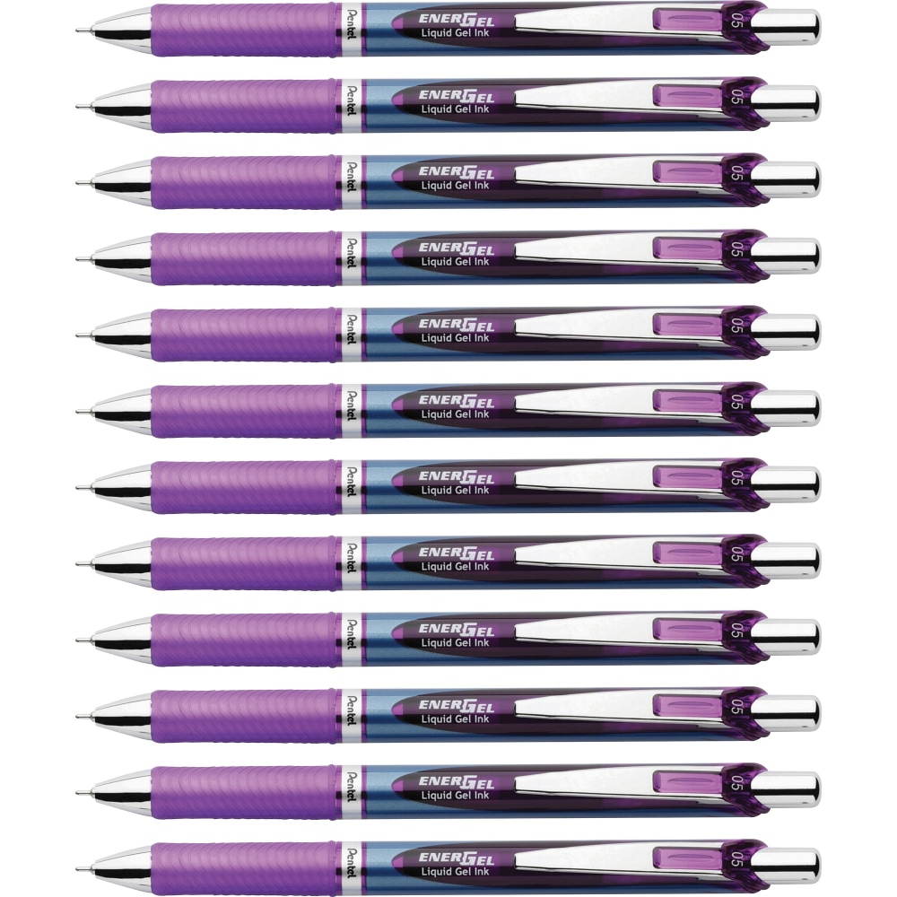 Pentel EnerGel RTX Liquid Gel Pens, Pack Of 12, Fine Point, 0.5 mm, Blue Stainless Steel Barrel, Violet Ink (Min Order Qty 2) MPN:BLN75VDZ