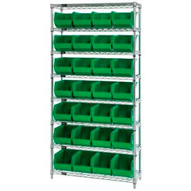 GoVets™ Chrome Wire Shelving w/ 28 Stacking Green Bins 36