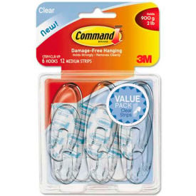 3M Command™ Clear Hooks & Strips Plastic Medium 6 Hooks w/ 12 Adhesive Strips per Pack 17091CLR6ES