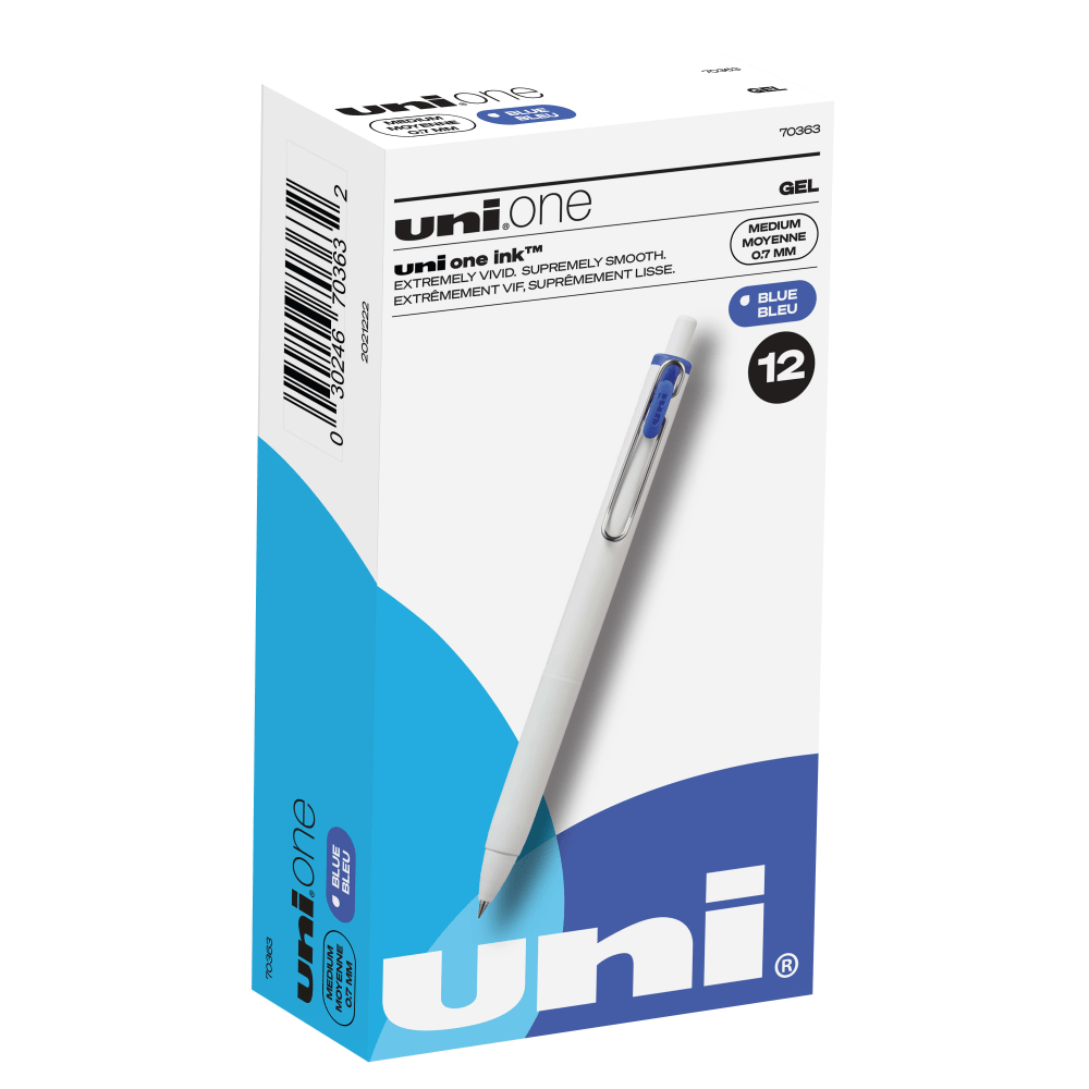 Uni-Ball One Retractable Gel Pens, Medium Point, 0.7 mm, White Barrel, Blue Ink, Pack Of 12 Pens (Min Order Qty 6) MPN:70363