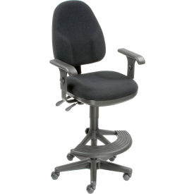 Interion® Work Stool With Arms - Fabric - 180° Footrest - Black 783BK506