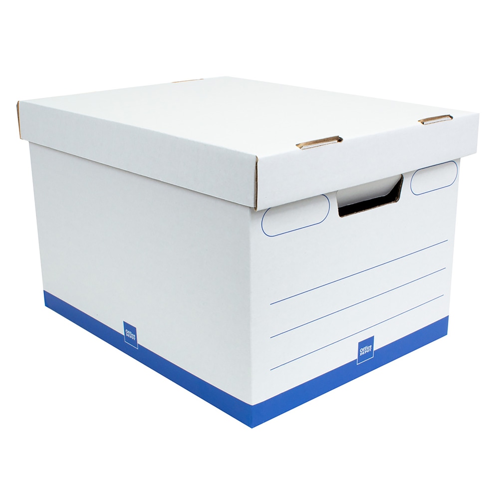 Office Depot Brand Medium-Duty Quick Set-up Storage Boxes with Lift-Off Lid and Built-In Handles, Letter/Legal Size, 15in x 12in x 10in, 60% Recycled, White/Blue, Pack Of 12 (Min Order Qty 2) MPN:0800306