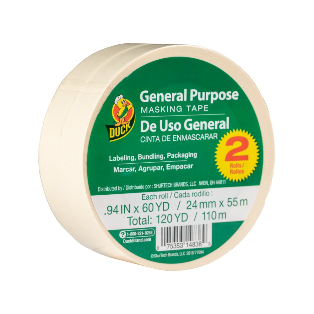 Duck Brand General Purpose Masking Tape Rolls, Removable, 1in x 60 Yd, Beige, Set Of 2 Rolls (Min Order Qty 10) MPN:286506